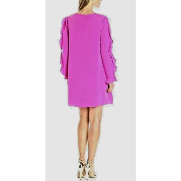 CeCe Shift Dress 10 Pink Long Ruffle Sleeve Faux Silk Career Church Washable - Picture 4 of 12